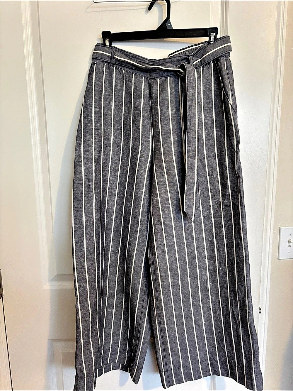 Joie Linen Lyocell Striped Wide Leg Crop Pants Gray & White Medium